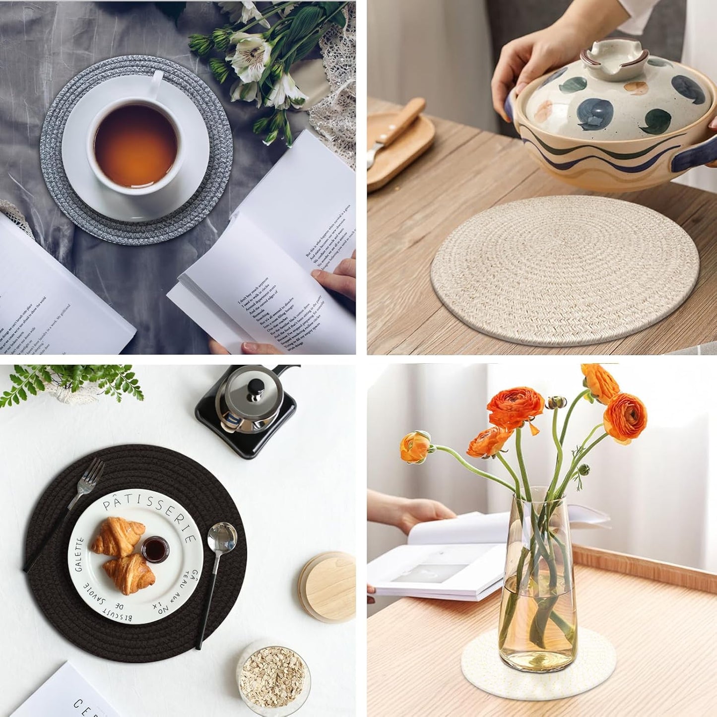 Round Placemats Set of 6, Cotton Rope Woven Table Mats, Hot Pads for Kitchen, Non Slip Heat