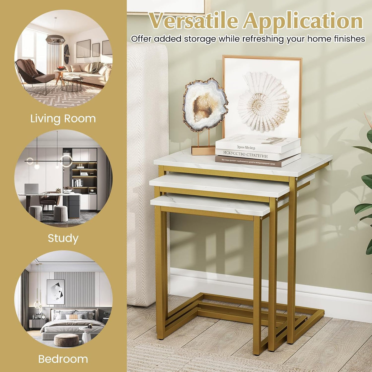 Giantex Nesting Coffee Table Set of 3, Stackable Square End Table w/Faux Marble Tabletop &