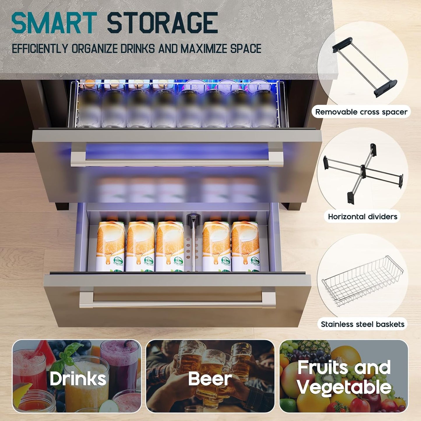 Albott 24 Inch Under Counter Drawer Fridge ??Stainless Steel Beverage Refrigerator with Dual