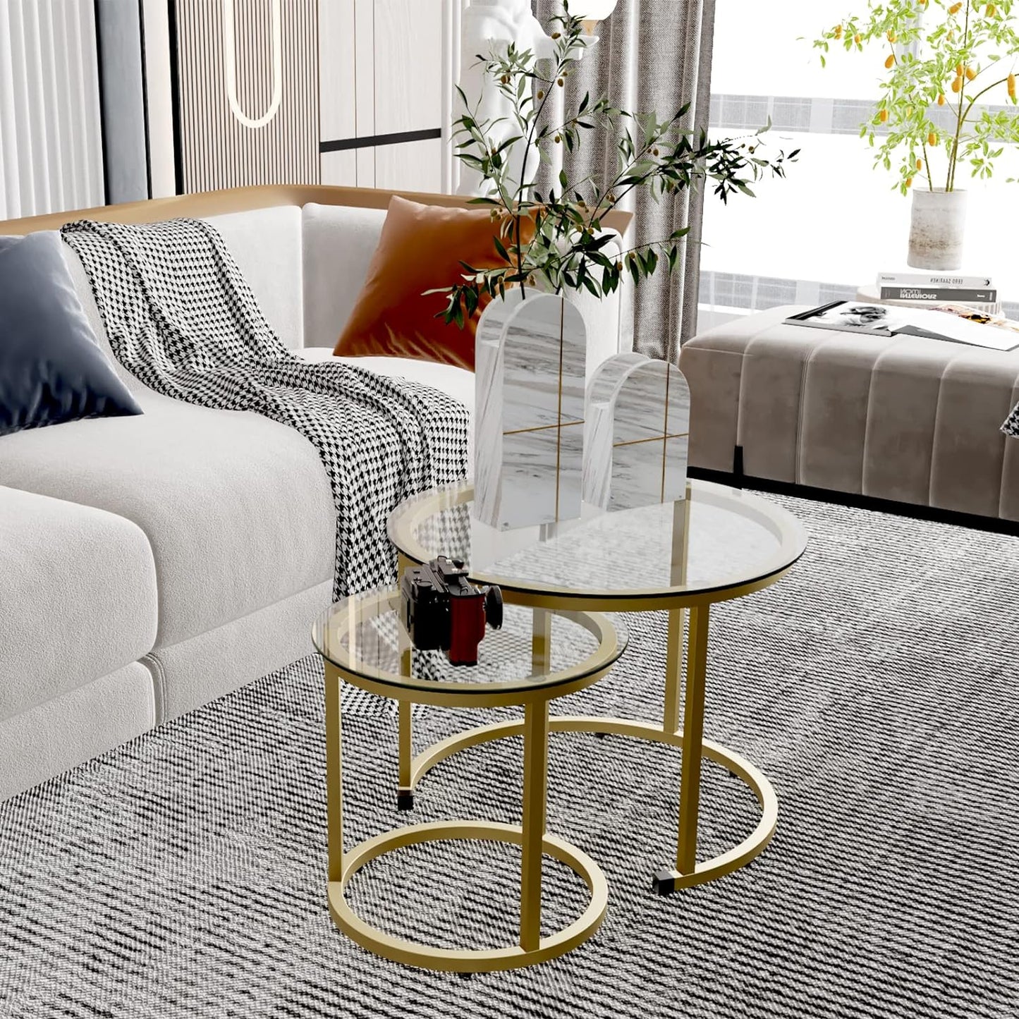 aboxoo Gold Nesting Coffee Table Set of 2, Small Glass Round Nesting Tables for Living Room