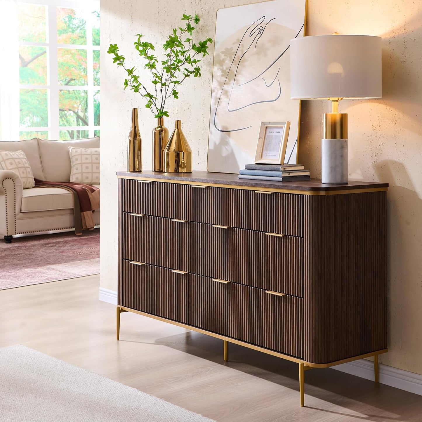 T4TREAM Fluted 7 Drawers Dresser for Bedroom, 54" Wide Modern Dresser TV Stand, Gold Accents
