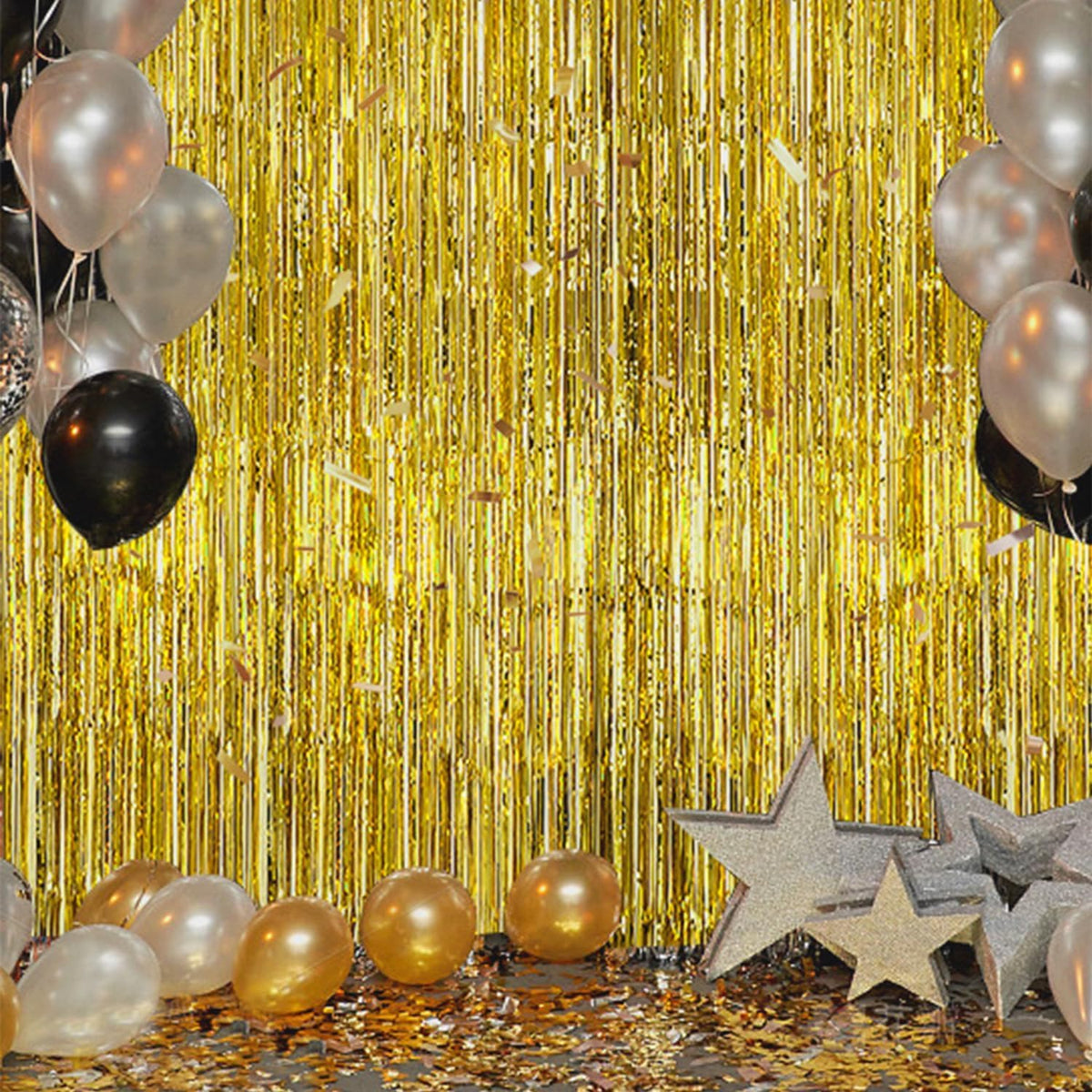 3 Pack Foil Fringe Backdrop - Laser Gold Shiny Tinsel Curtains for Party Decoration/Photo Booth