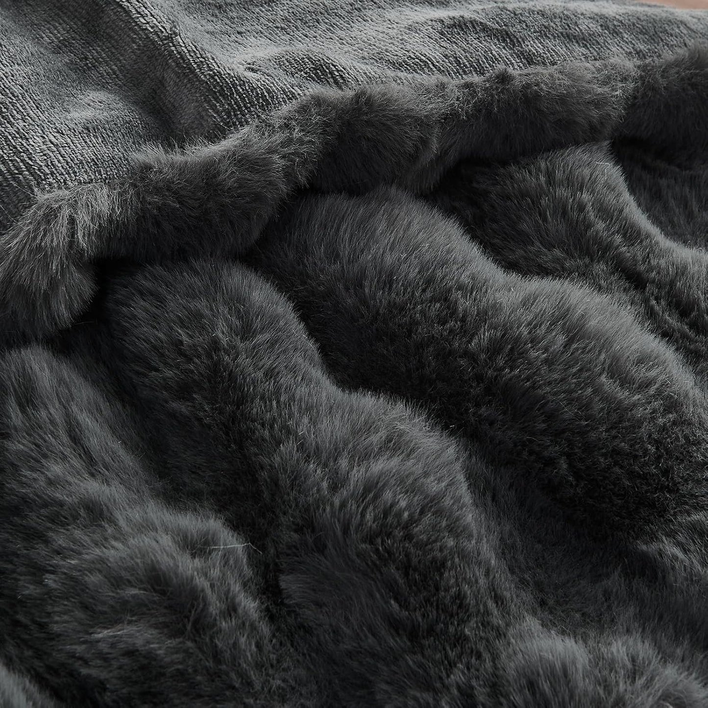 Lotus Karen Queen Size Faux Fur Blanket Dark Gray - Big Bubble Rabbit Fluff Throw for Bed Large