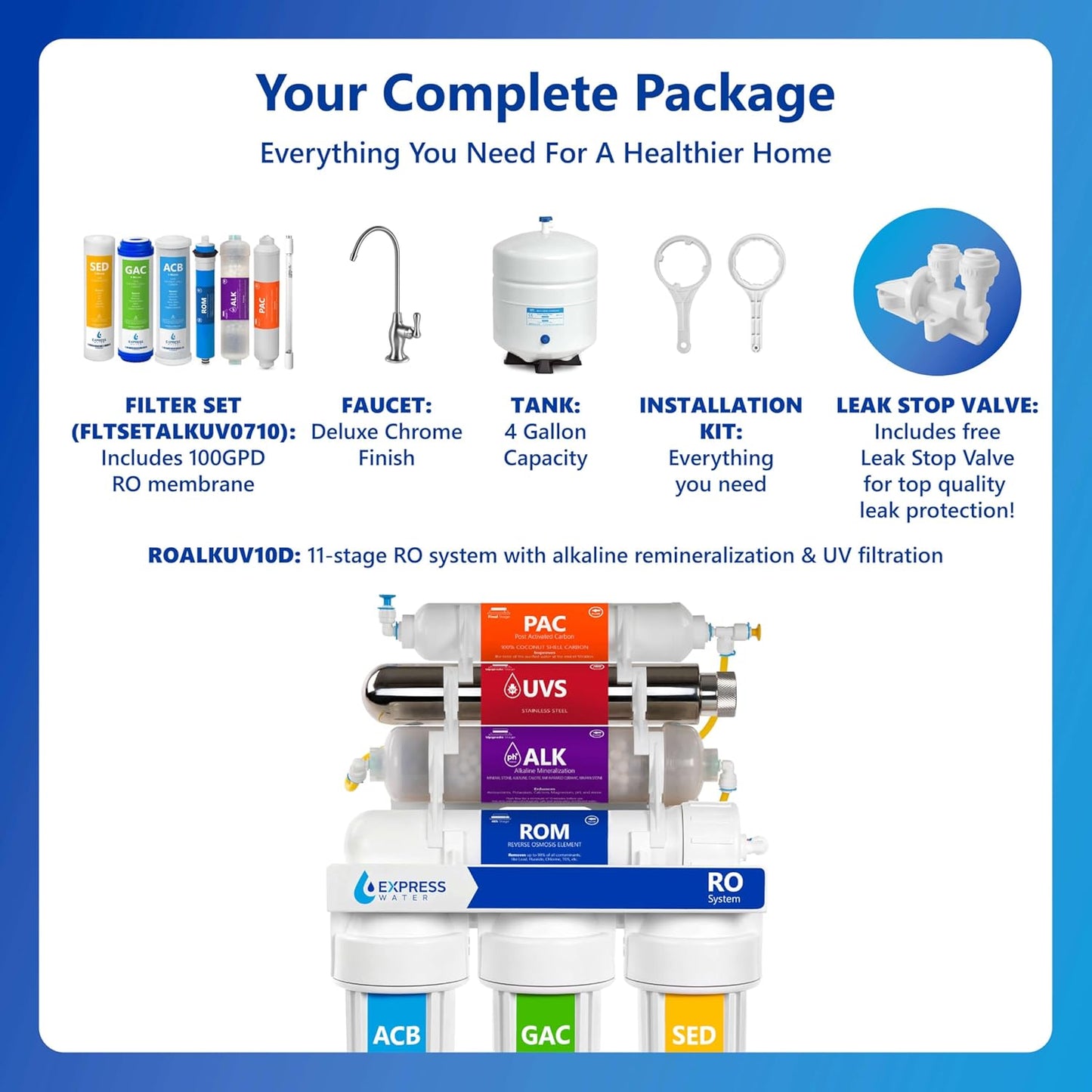Express Water Reverse Osmosis Alkaline Ultraviolet Water Filtration System – 100 GPD (Deluxe Chrome