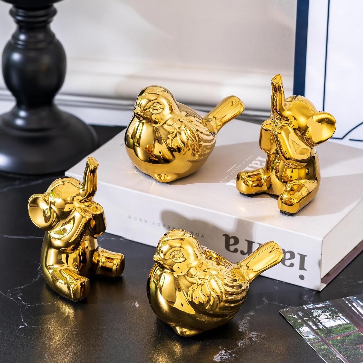 Loving Pair of Small Gold Elephant Statues Gold Home Decor Modern Boho Style Figurine Decorative