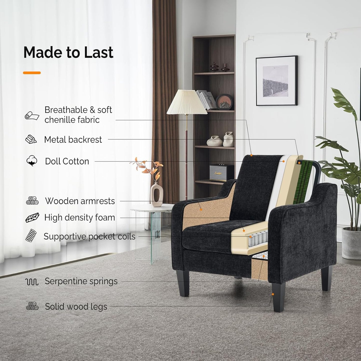 VINGLI Mid Century Modern Accent Chairs, Black Soft Chenille Reading Chair Upholstered Armchair