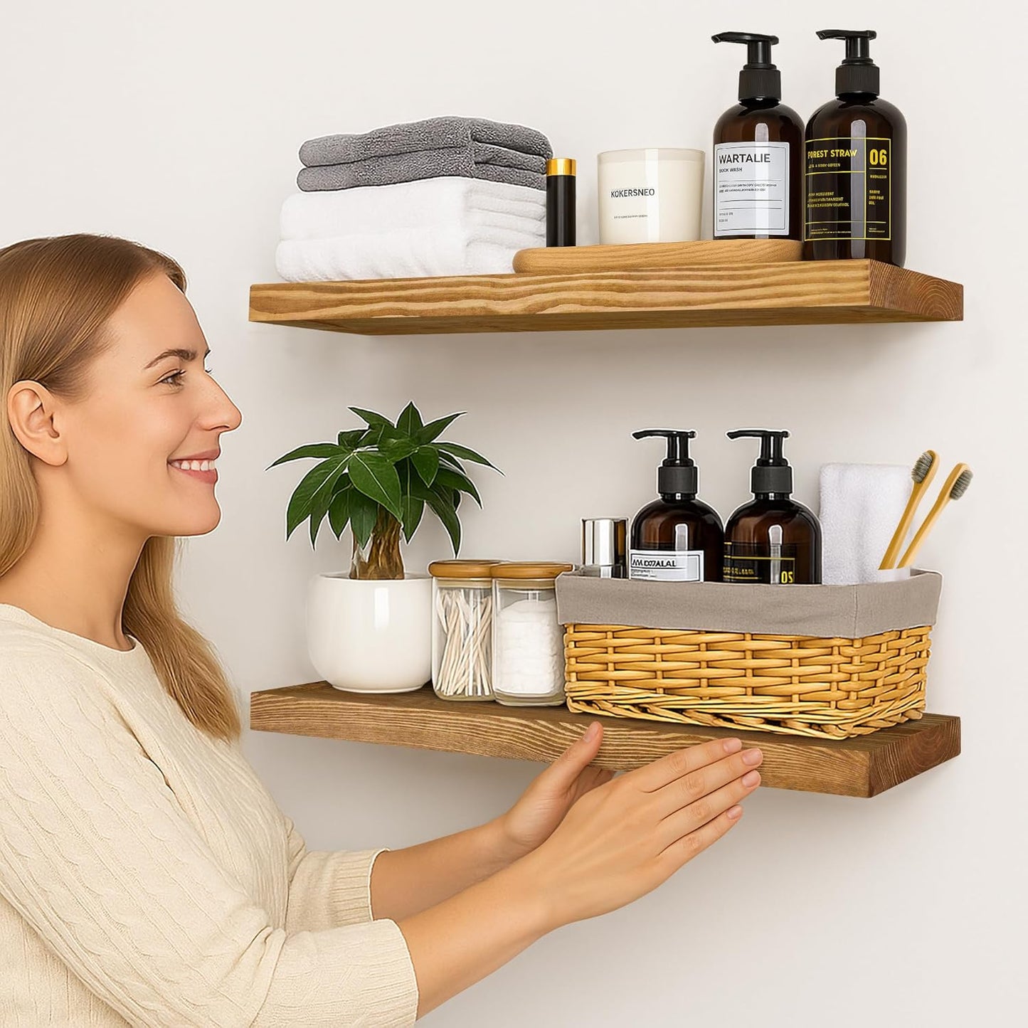 BGMG Wood Floating Shelves for Wall 24 inch Set of 2, Rustic Wooden Wall Mount Shelves for Living