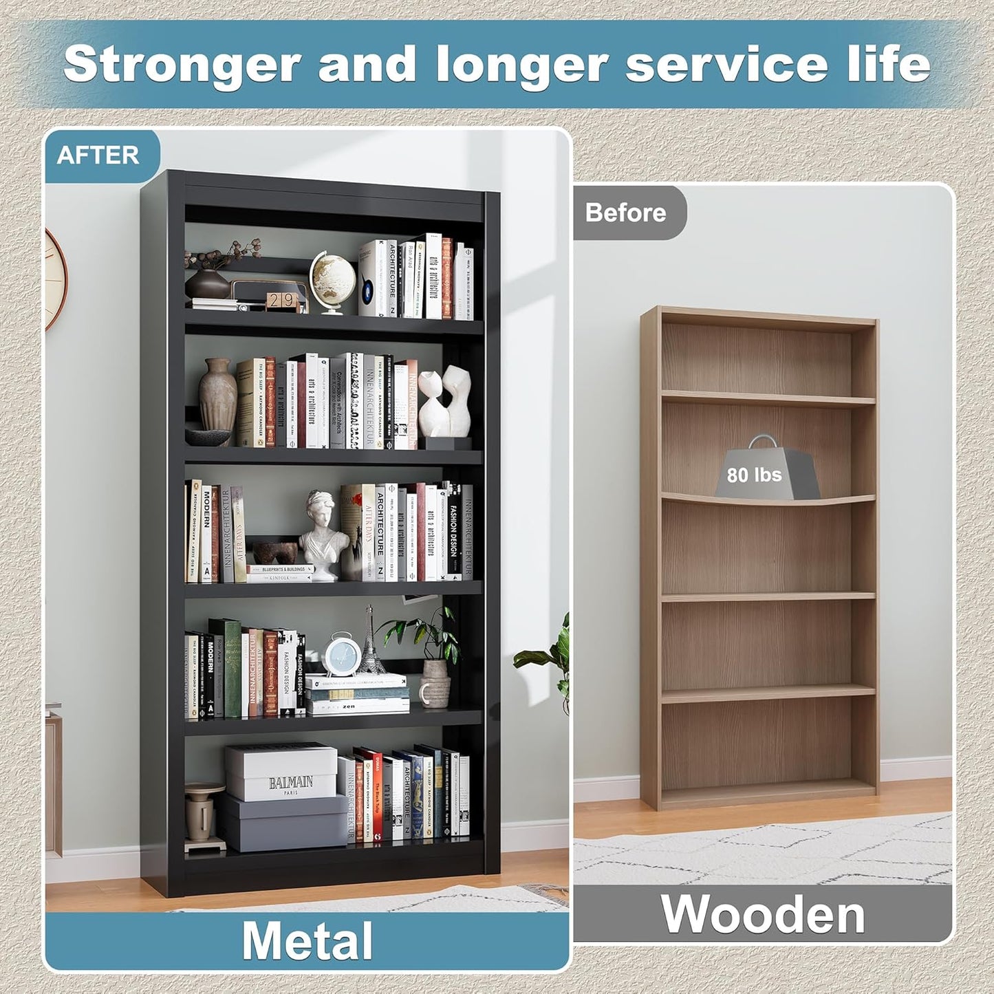 Bookcase, 5-Shelf Industrial Bookshelf, Large Storage Space, Adjustable Bookshelves, Perfect for