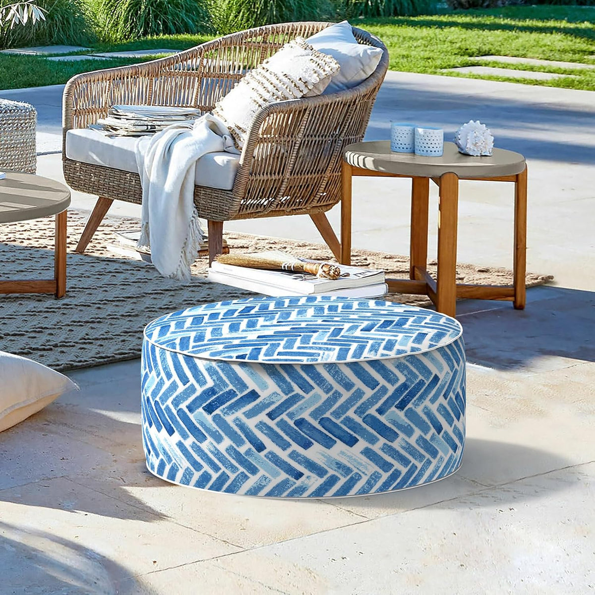 LVTXIII Indoor/Outdoor Inflatable Ottoman, All Weather Round Footrest Stool D21”x H9”, Portable for