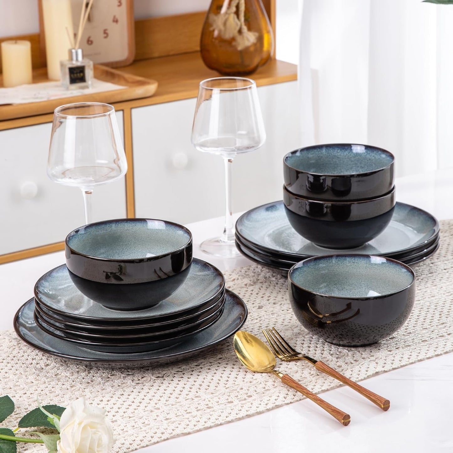LERATIO Ceramic Dinnerware Sets for 4,Stoneware Coupe Plates and Bowls Sets,Highly Chip and Crack