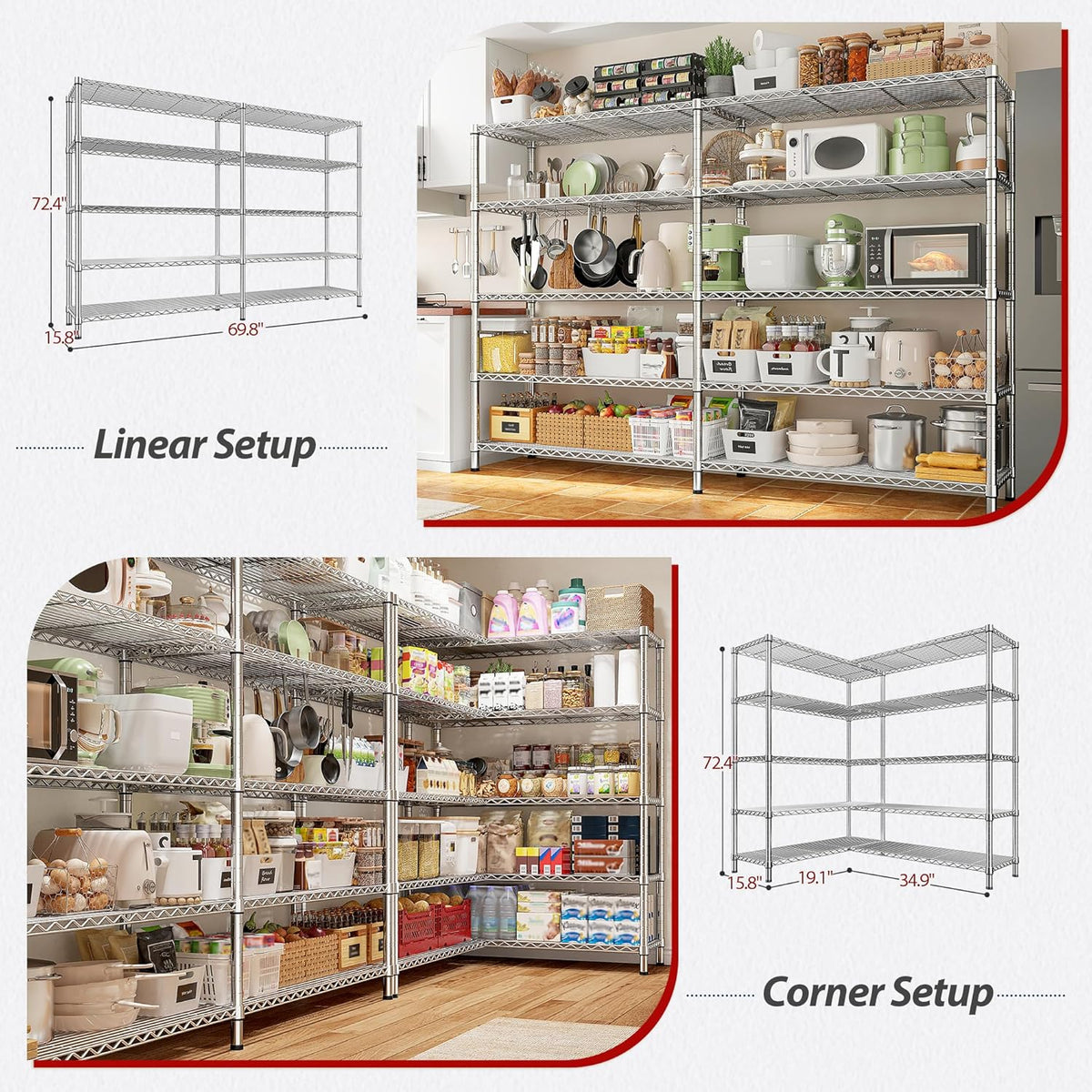 REIBII 69.8" W Storage Shelves 1510LBS Wire Shelving Unit 5 Tier Metal Shelving for Storage Rack