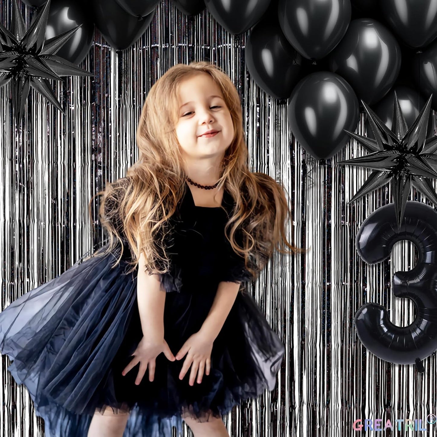 Black Tinsel Curtain Party Backdrop - GREATRIL Party Streamers Backdrop Foil Fringe Curtains for