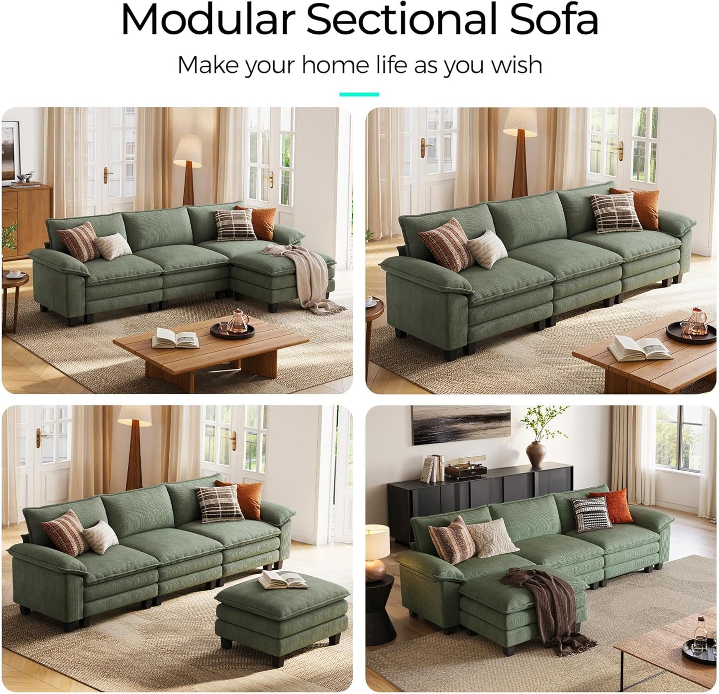 LINSY HOME Modular Sectional Sofa - 123'' Oversized Corduroy Cloud Couch L Shaped Couch with