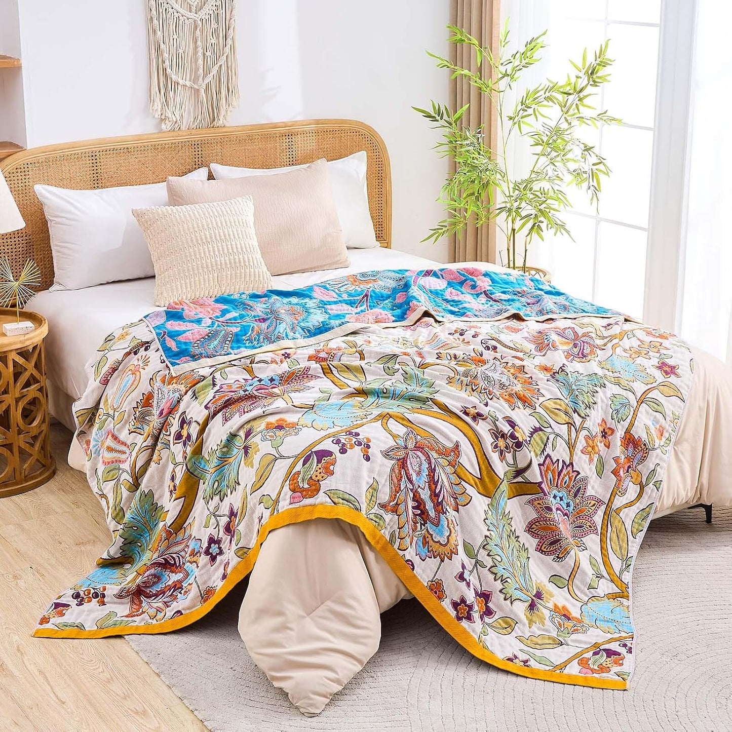 Boho Throw Blanket for Bed, 100% Cotton Soft Rustic Quilt Fall Blanket, 60"x80" Floral Printed