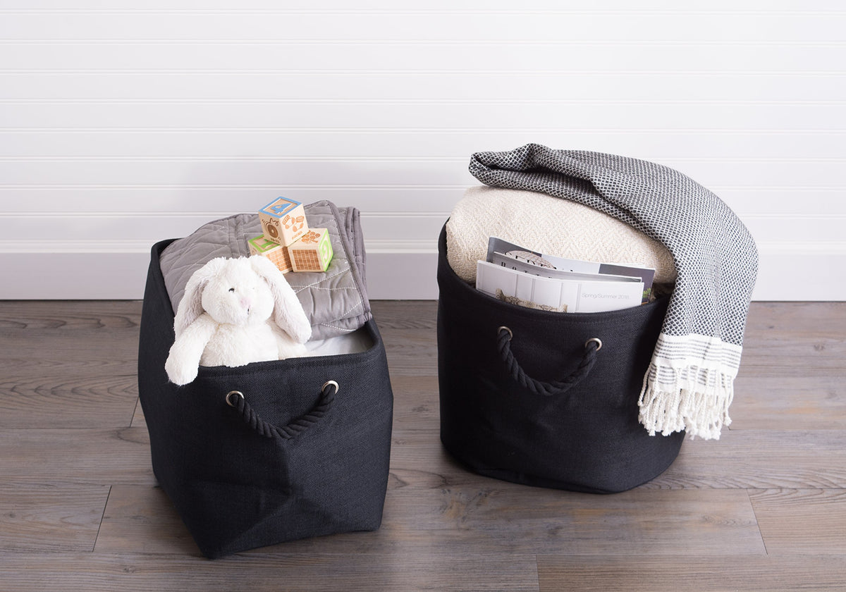 DII, Collapsible Variegated Polyester Storage Bin with Cotton Handles Small Black