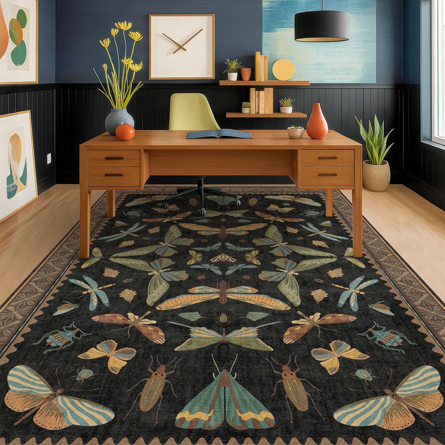 Living Room Rug Black Boho 6x9 - Dining Room Rugs for Under Table, Bedroom, Insect Bug Eclectic