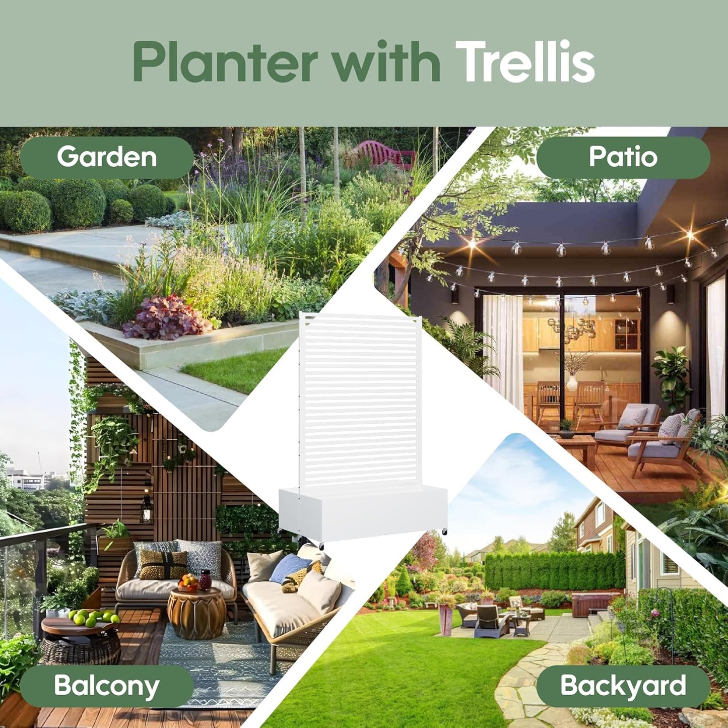 Double Metal Planter Box with Trellis Privacy Screen, Raised Garden Bed with Trellis & Wheels