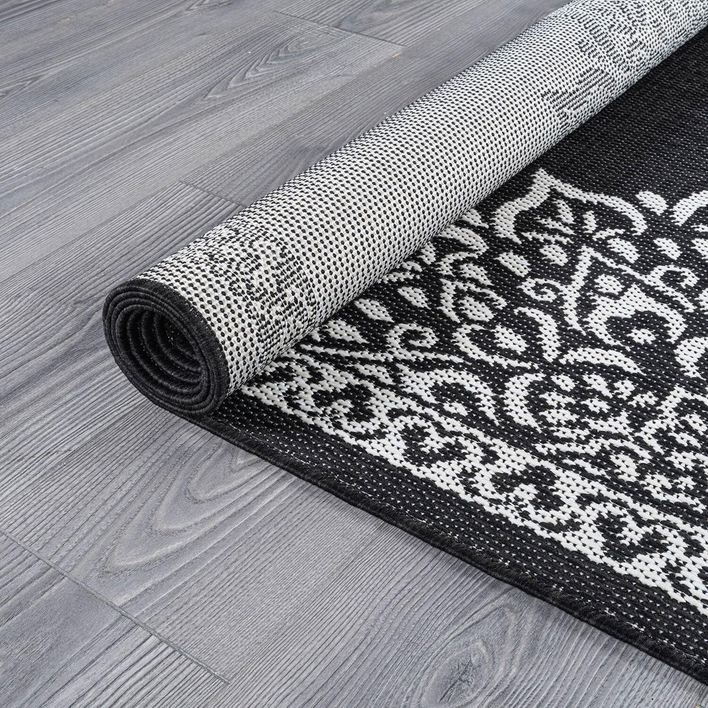 CAMILSON Outdoor Rug, 9x12 Medallion Black White Modern Area Rugs for Large Indoor and Outdoor