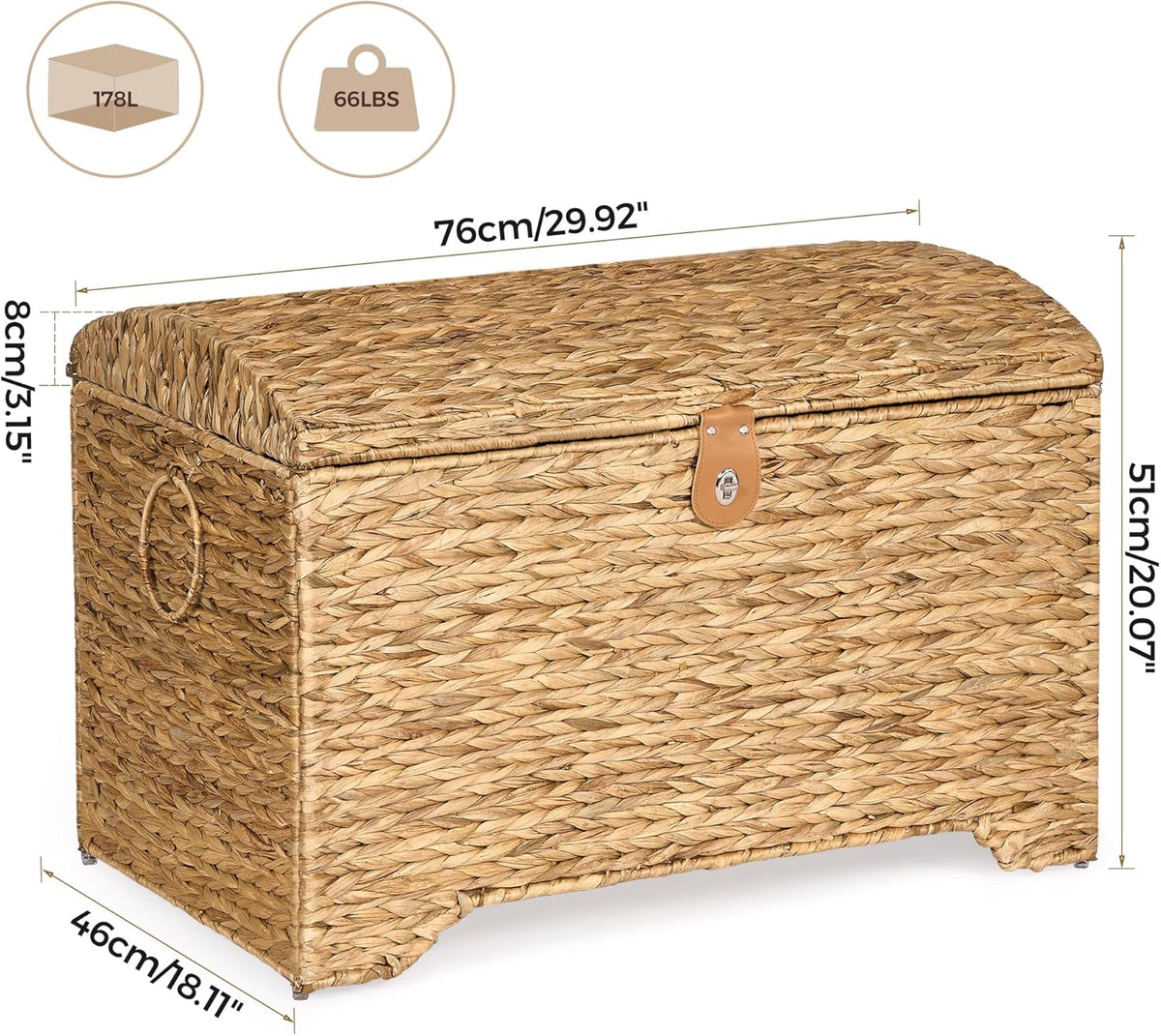Handwoven Storage Basket with Lid, 178L Wicker Storage Bin, Natural Water Hyacinth, Leather Buckle