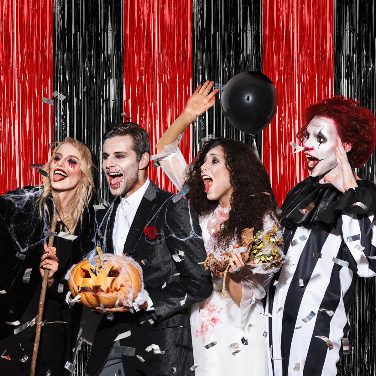 4 Pack Halloween Wall Backdrop, 3.28 FT x 7.05 FT Red and Black Party Streamer, Metallic Tinsel