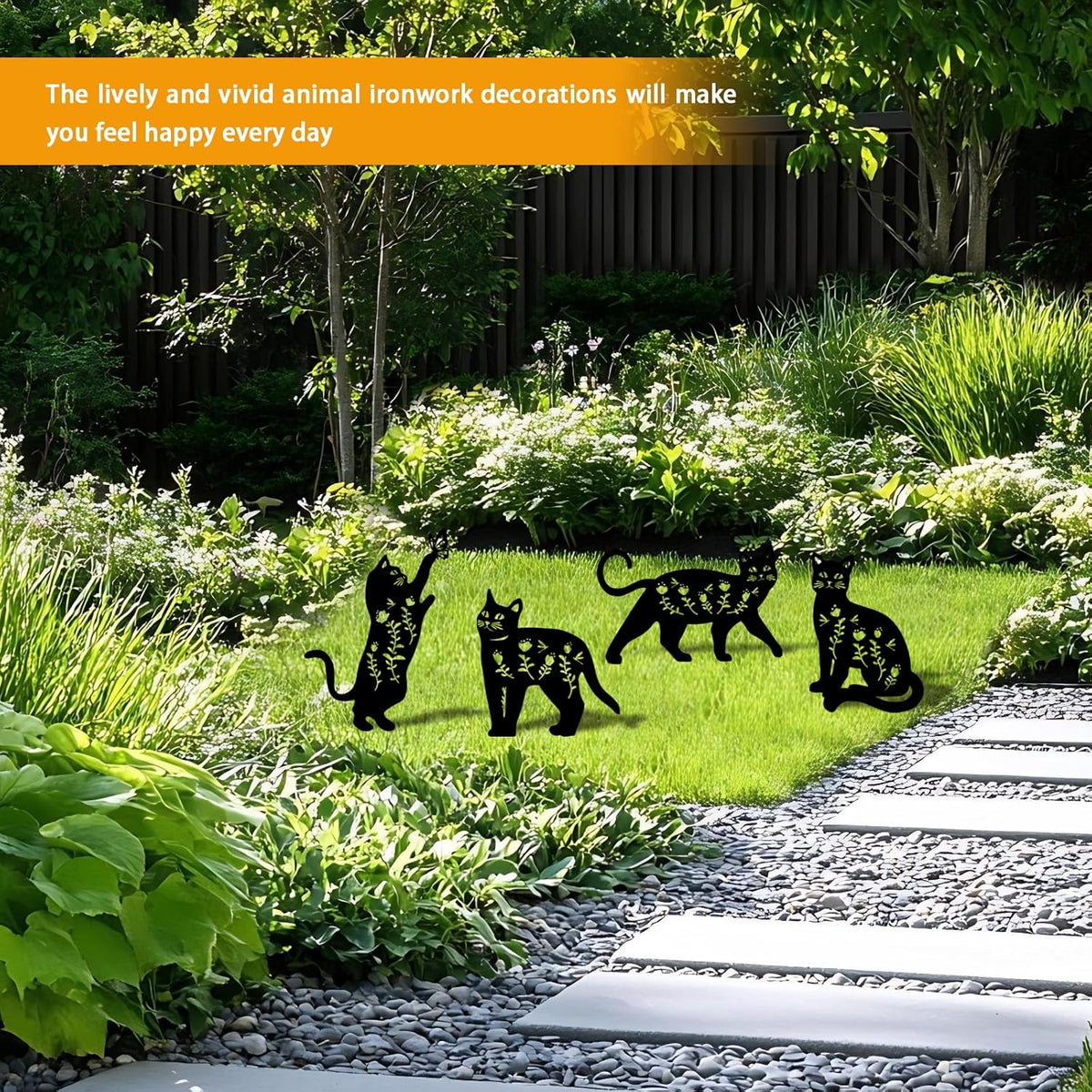 4 Pack Cat Metal Garden Decorative Stakes, Weather Proof Silhouette Statues for Yard, Patio,Outdoor