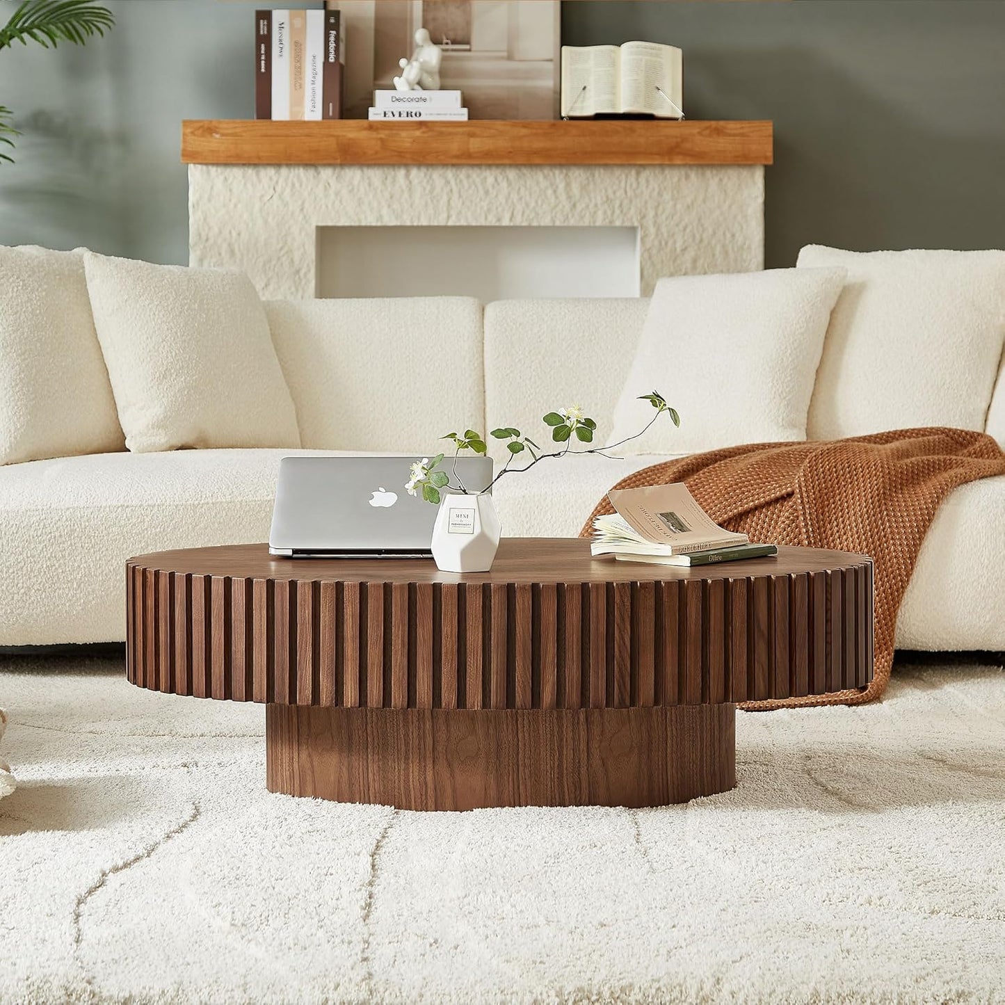 Oval Coffee Table for Living Room, Modern Fluted Coffee Tables with Pedestal Base, Handcrafted