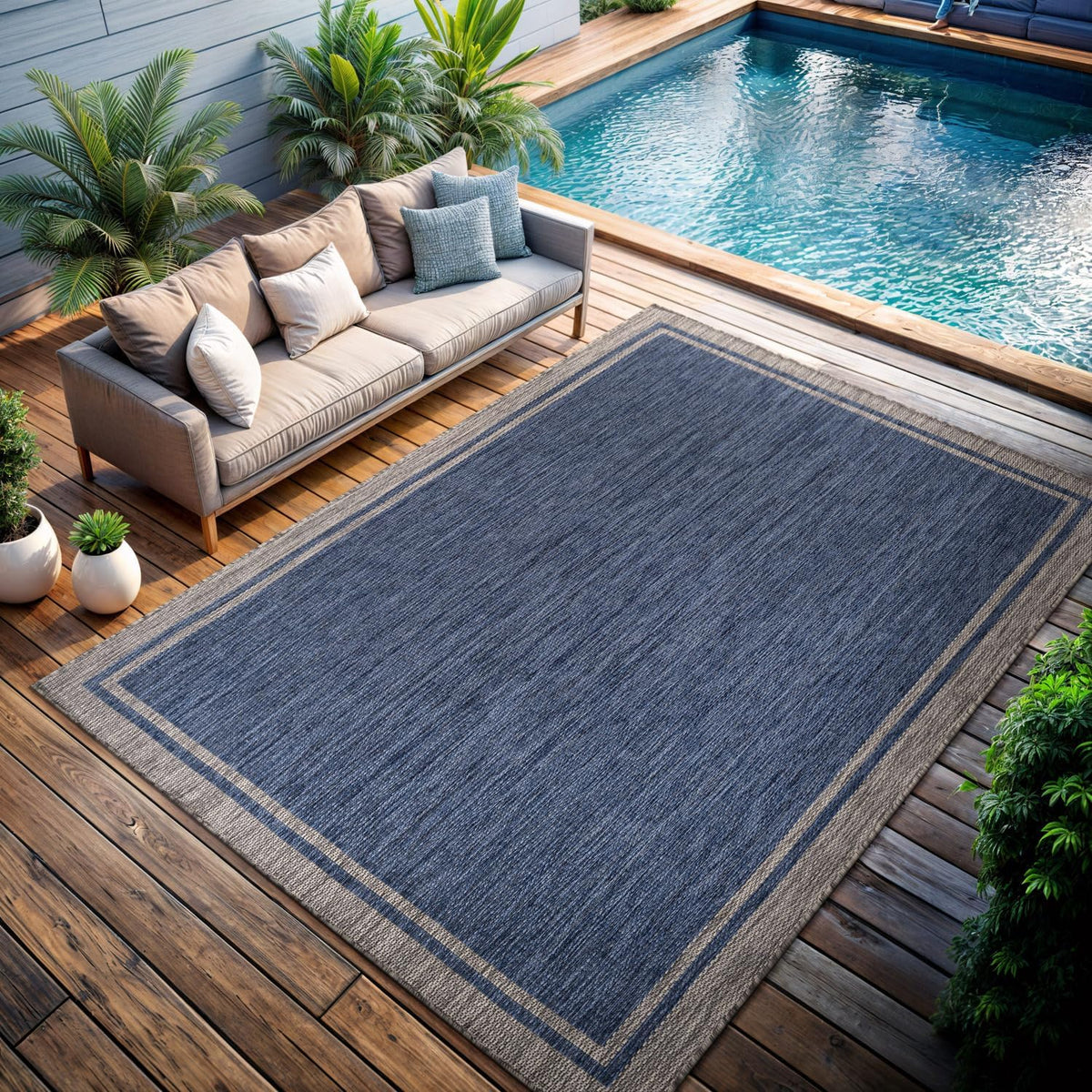 CAMILSON Outdoor Rug, 9x12 Bordered Navy Blue Gray Modern Large Area Rugs for Indoor and Outdoor