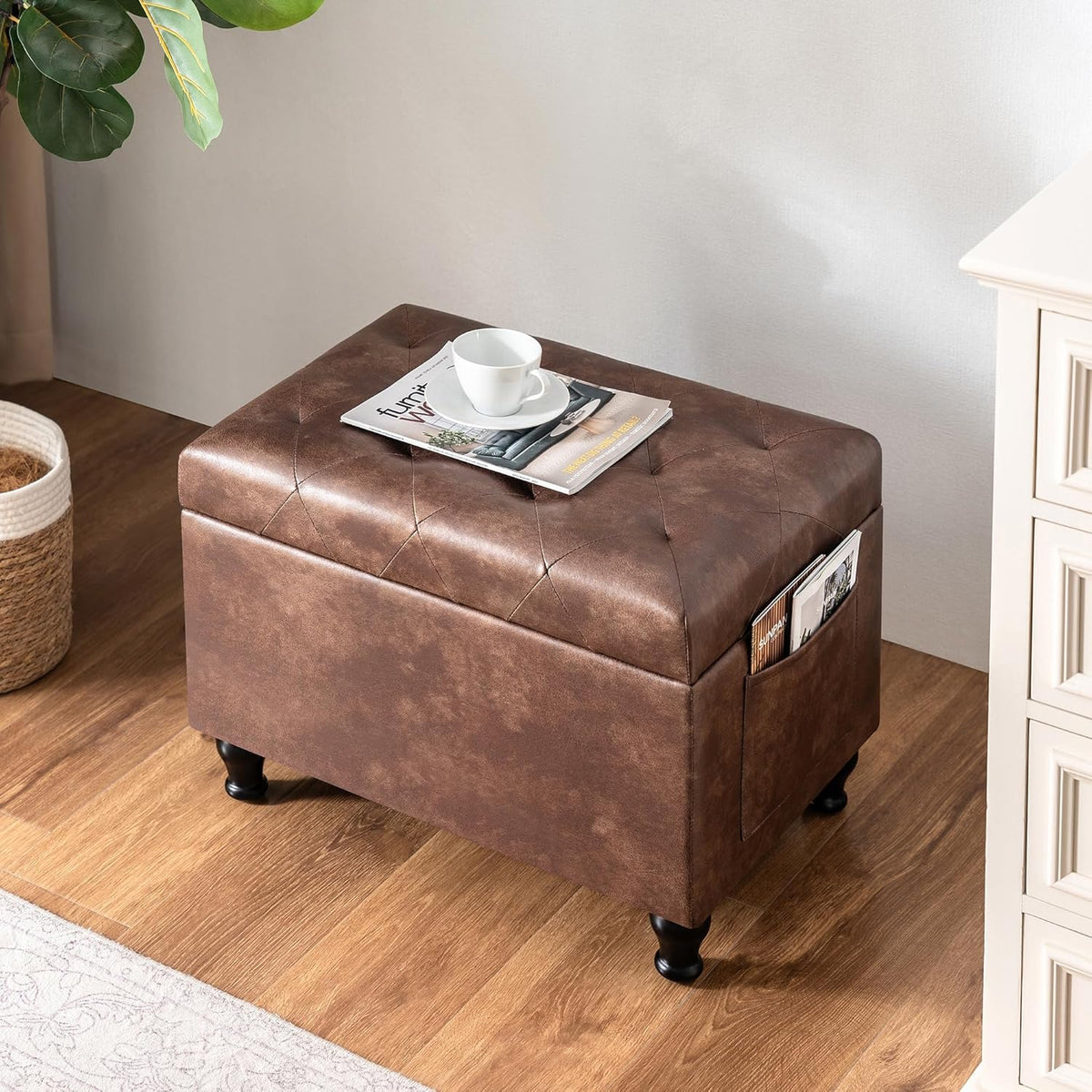 Leather Storage Ottoman Bench Rectangle 24 Inch Foot Rest Ottomans Stool for Living Room