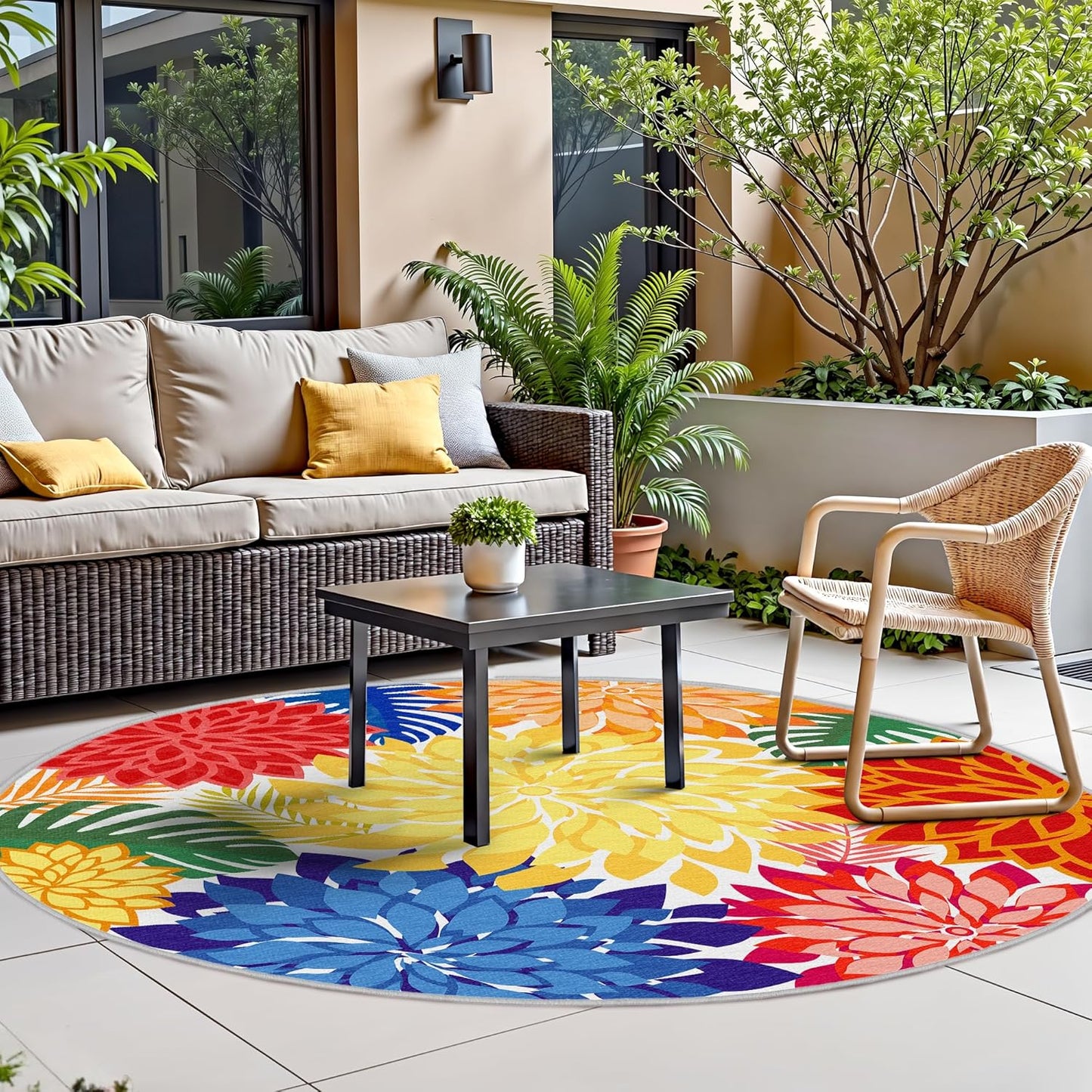 Indoor Outdoor 6FT Round Area Rug Washable Rugs Multicolored Patio Rug Tropical Botanical Modern