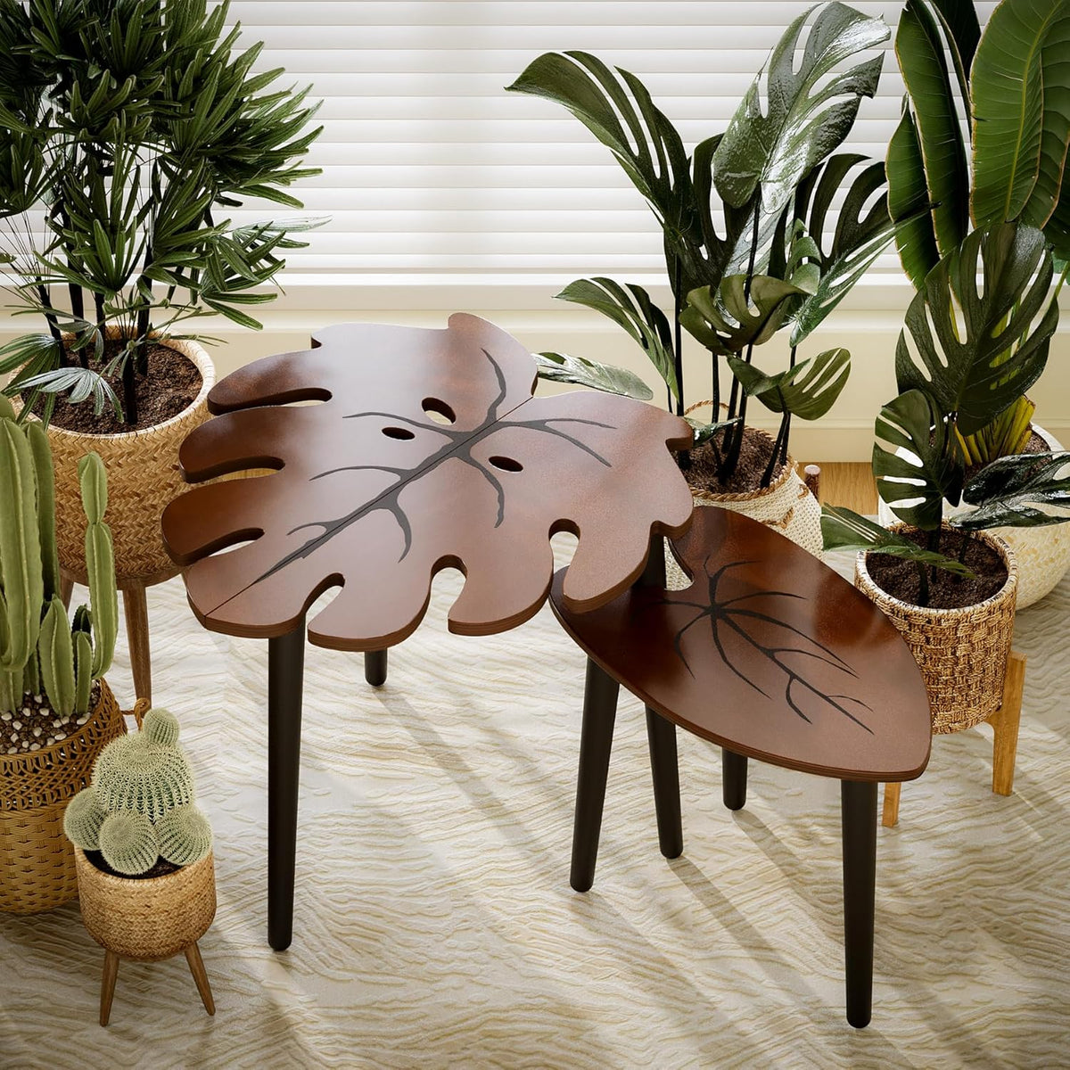 BAMEOS Monstera Leaf Nesting Tables Set of 2, Small Coffee Table Set with Leaf Vein Pattern, Modern