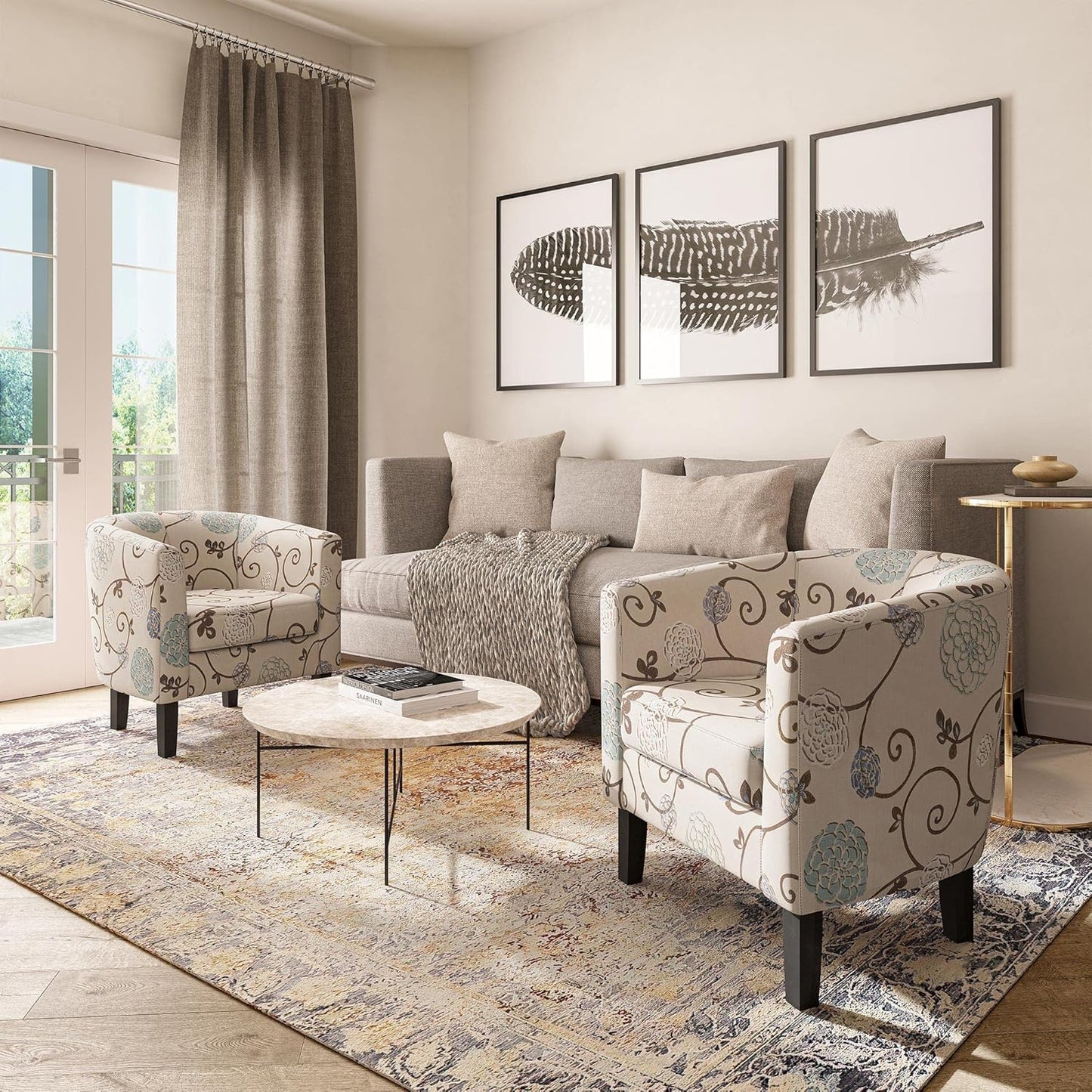 BELLEZE Living Room Chairs Set of 2, Linen Round Accent Barrel Chairs, Club Tub Sofa Chairs for
