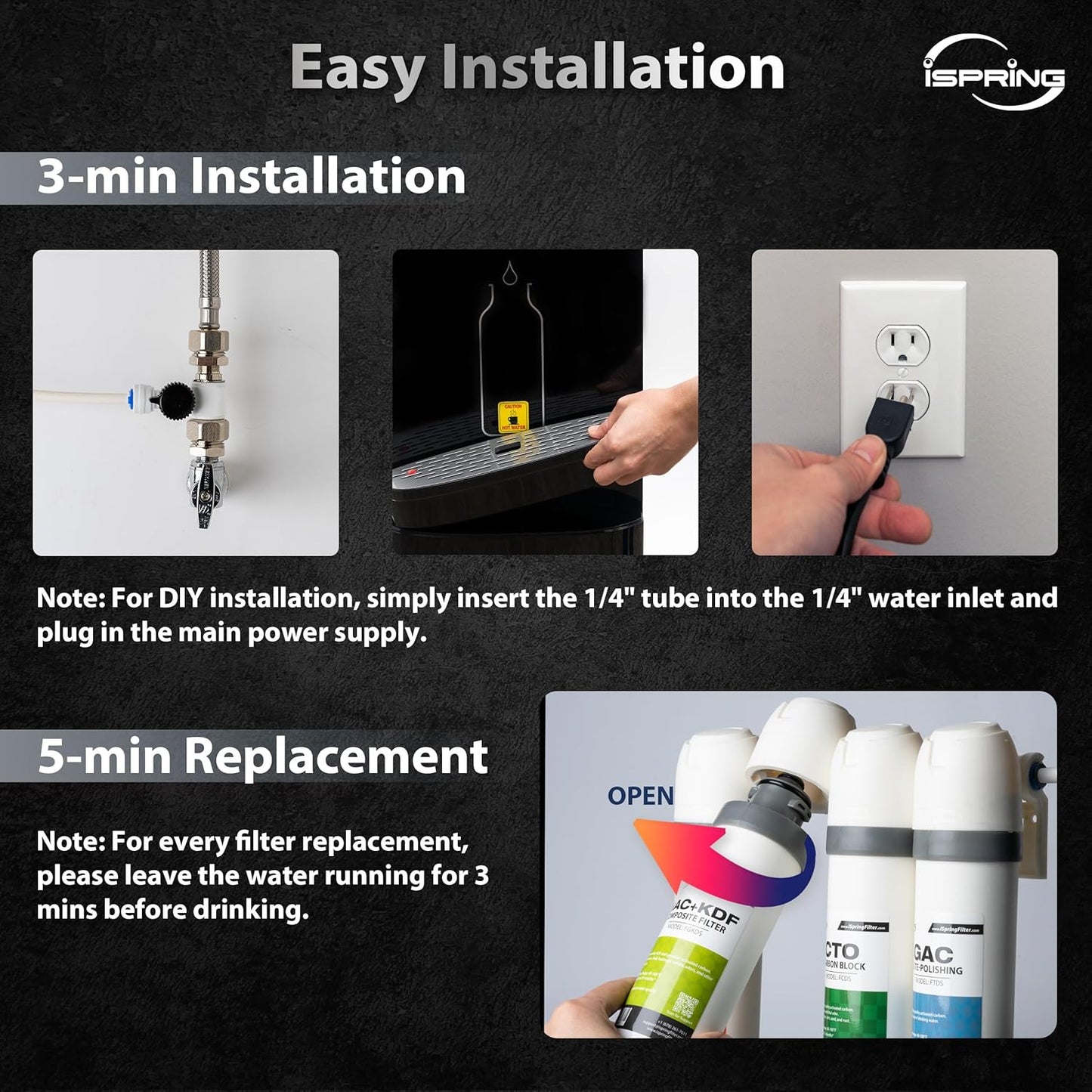 iSpring Bottleless Water Dispenser with Built-in 4-Stage Filtration, Hot/Cold/Room Temp, Self