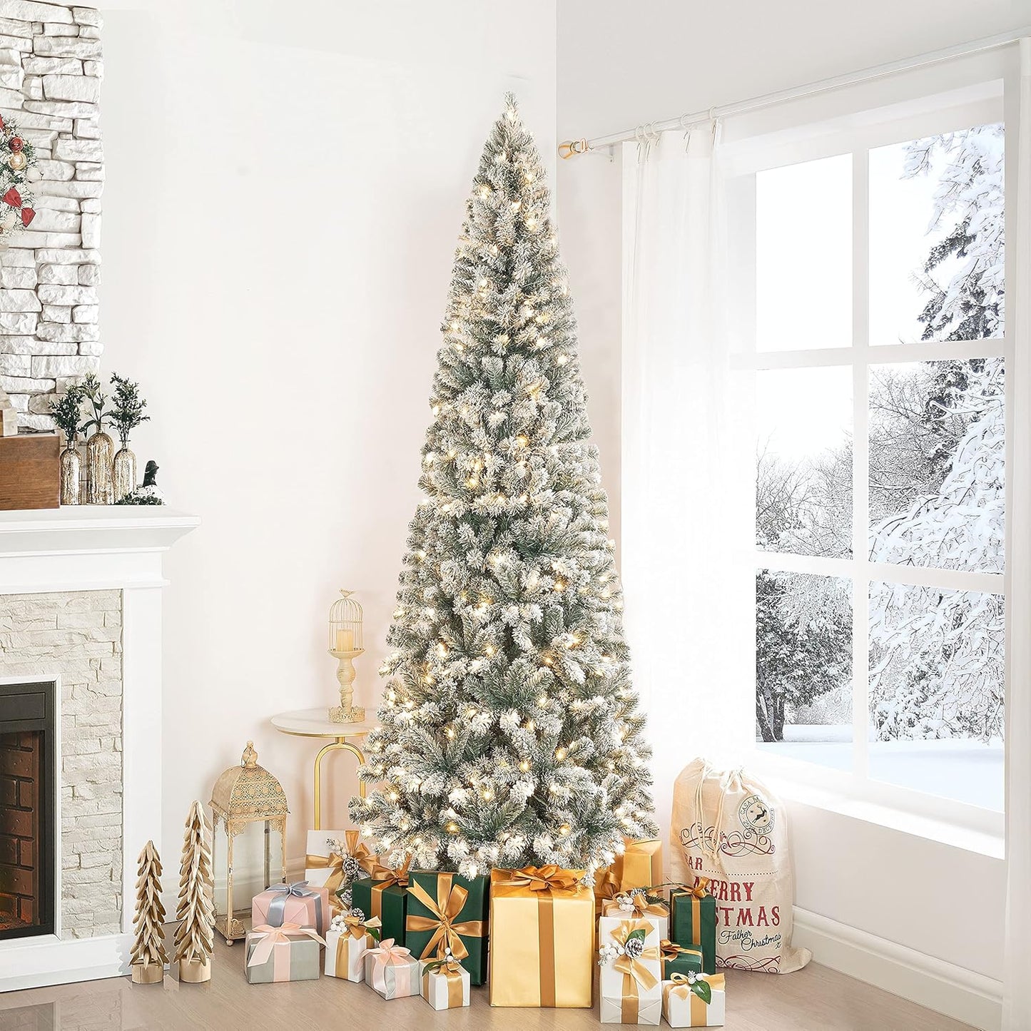 Naomi Home Salzburg 7.5ft Frosted Prelit Slim Artificial Christmas Tree with 1102 Branch Tips, 350
