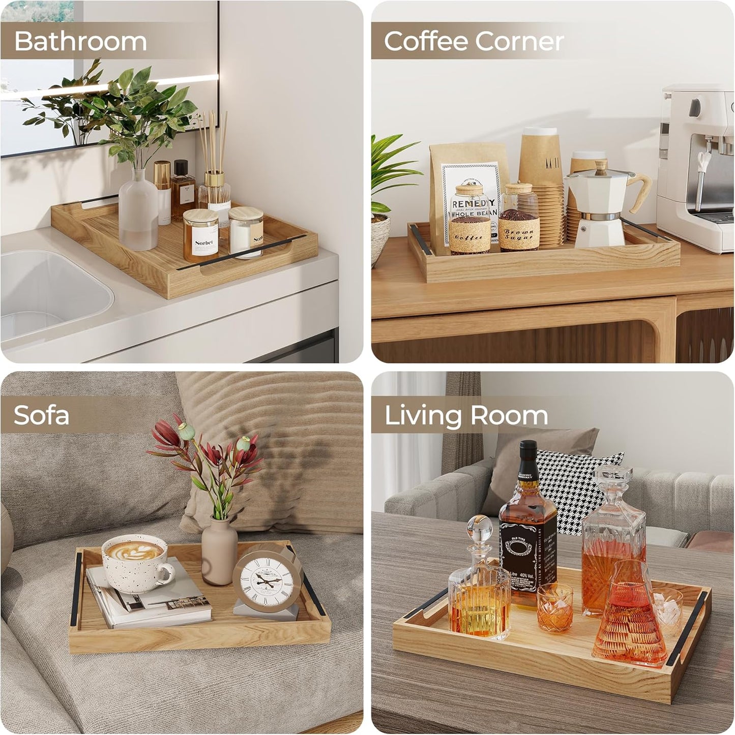 Axeman Wooden Serving Tray with Metal Handles|Ottoman Tray for Breakfast, Bed, Couch|17x13in Ash