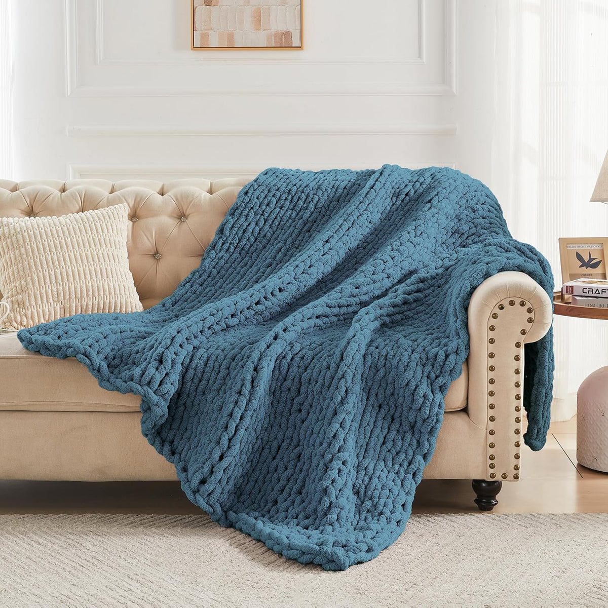 Carriediosa Chunky Knit Throw Blanket 50" X 60", 100% Hand Made Large Chenille Loop Yarn Soft