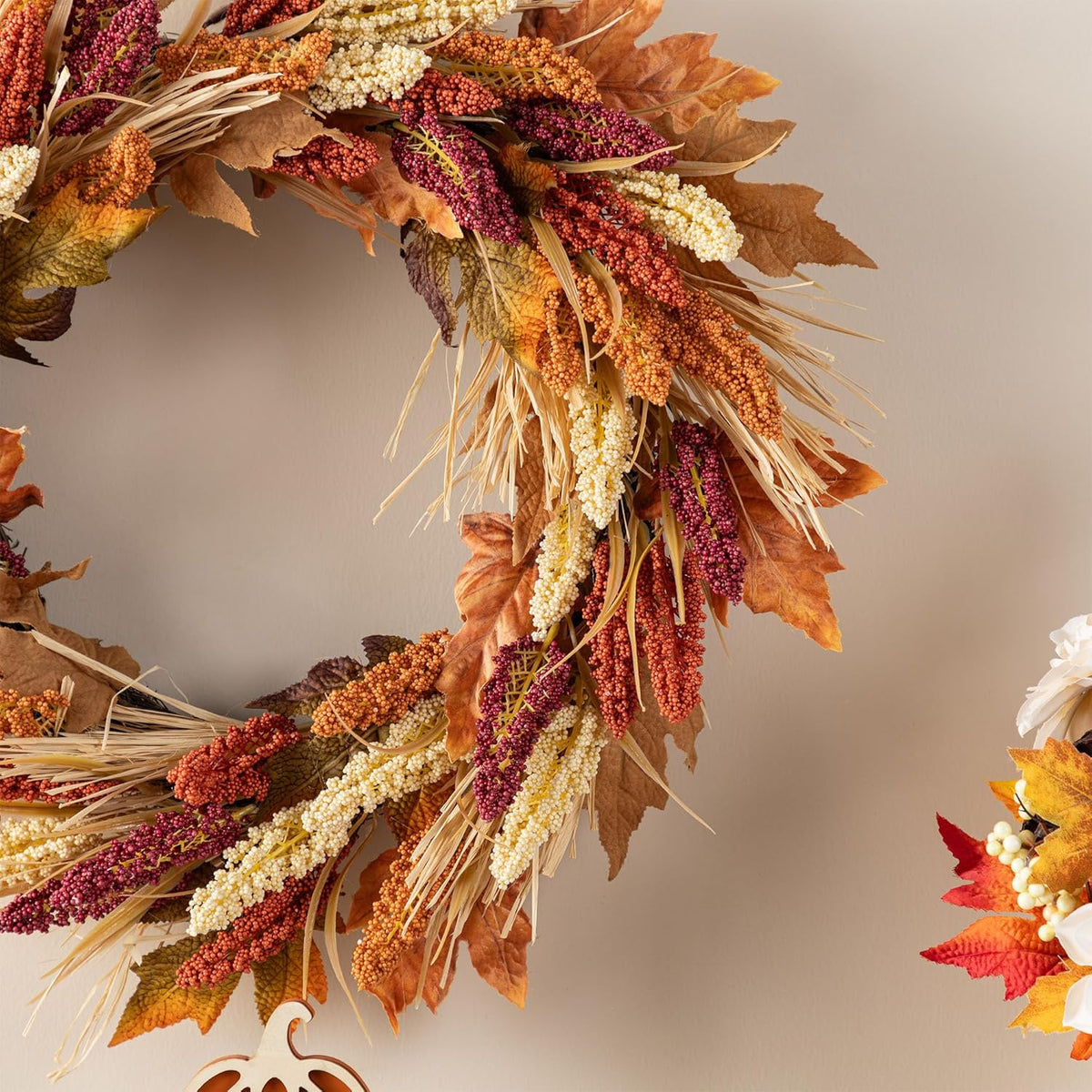 Glitzhome 24" D Fall Sorghum Wreath with Metal Hanger, Harvest Wreath for Front Door, Fall Door