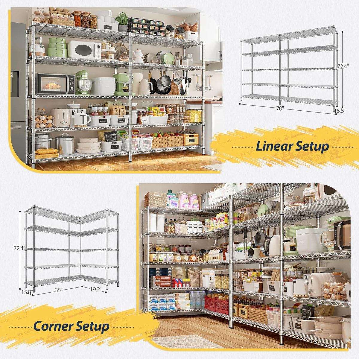 REIBII 70" W Wire Shelving Load 1500LBS, Metal Shelving 5-Tier Storage Shelves Metal Shelves for