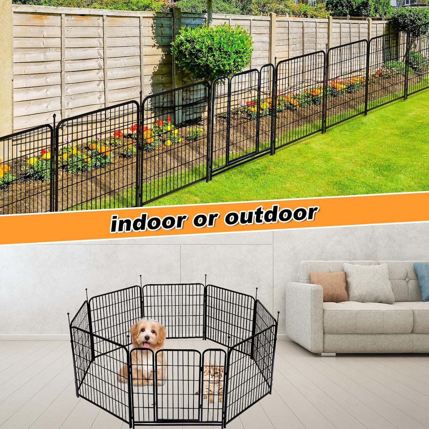 36 in(H) Garden Fence With Gate, Wide Gate Low Threshold, 8 Panels Total 17.7 ft(L) Heavy Duty Iron