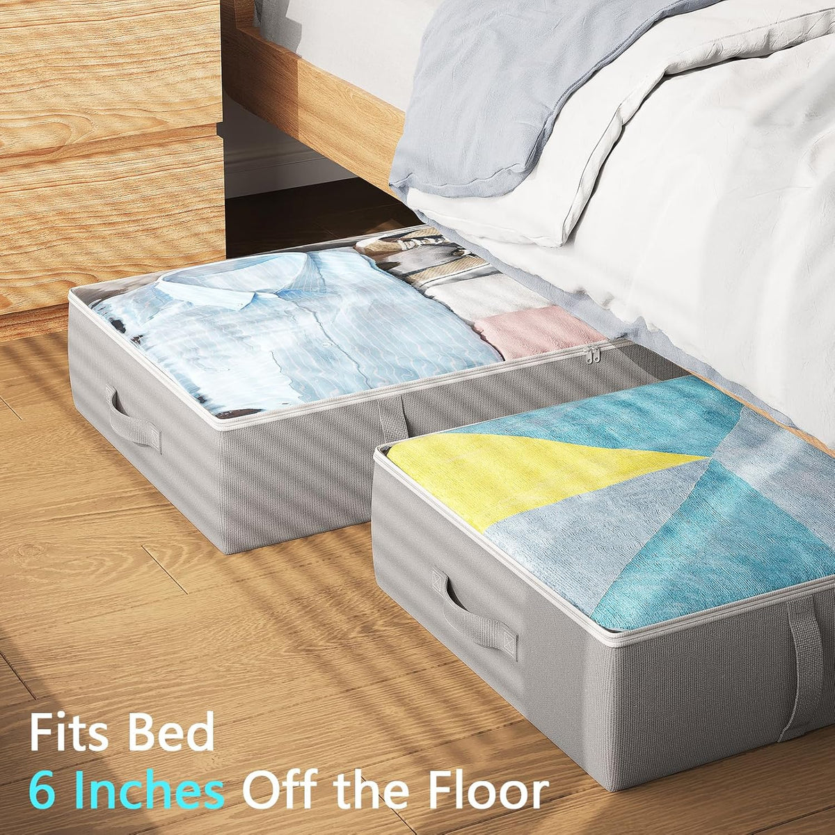 2-Pack Under Bed Storage Containers, 6 Inches Tall Underbed Clothes Storage Organizer Bin with