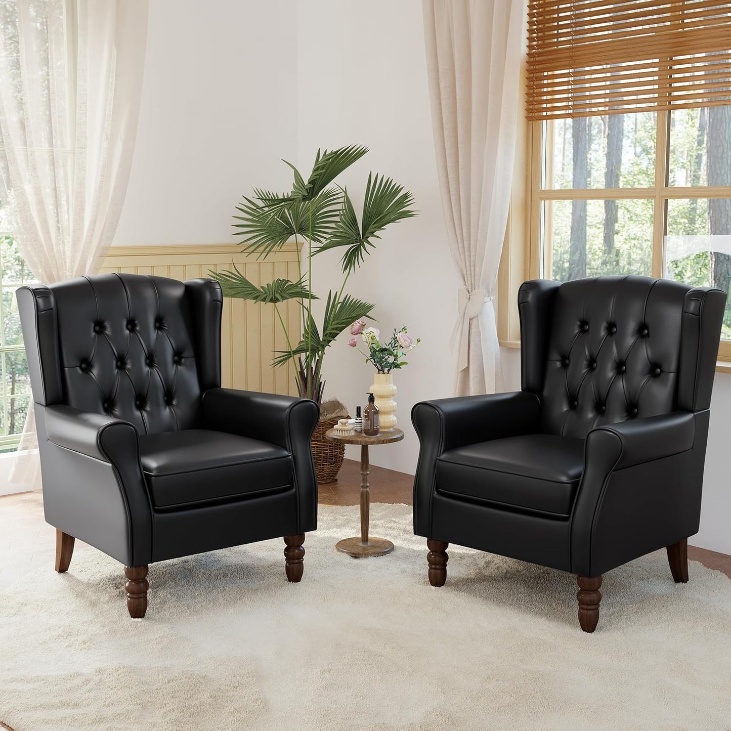 High Back Accent Chairs Set of 2,Upholstered Faux Leather Wingback Armchairs with Solid Wood Legs