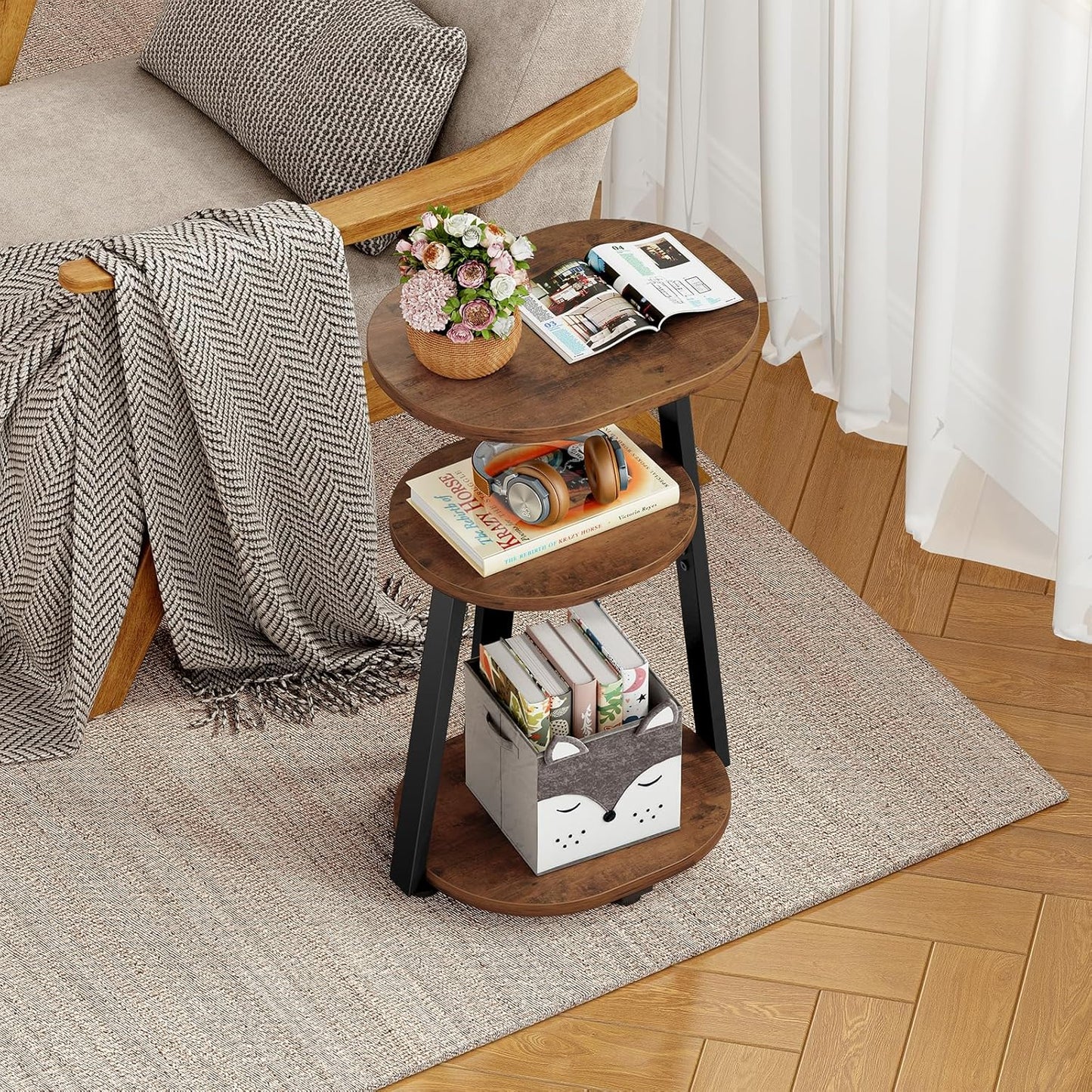 Side Table, Small End Table with Metal Frame, 3-Tier Bedside Tables, Round Side Tables for Living