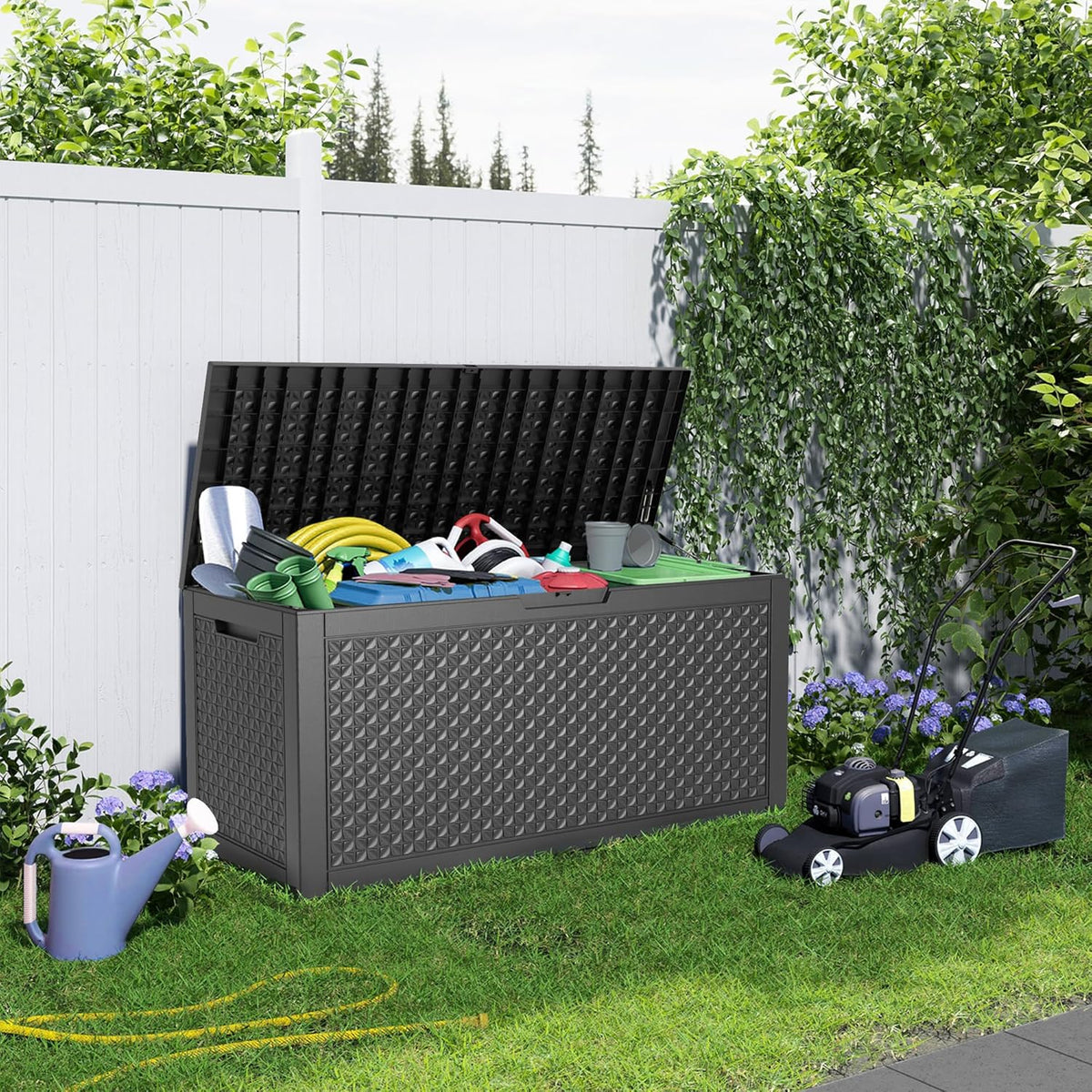 100 Gallon Resin Deck Box, Lockable Patio Outdoor Storage Box for Furniture, Garden Tools and Tools
