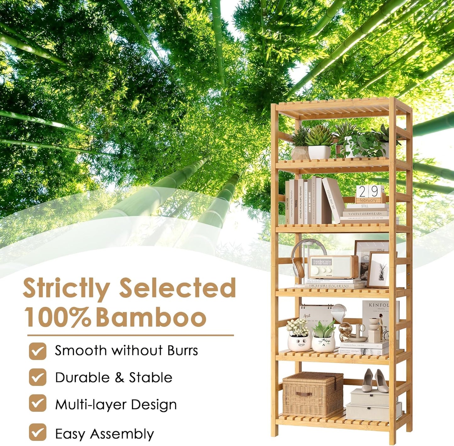FOTOSOK 6-Tier Bamboo Shelf Set of 2, Bamboo Bookcase with Adjustable Shelves, Free Standing