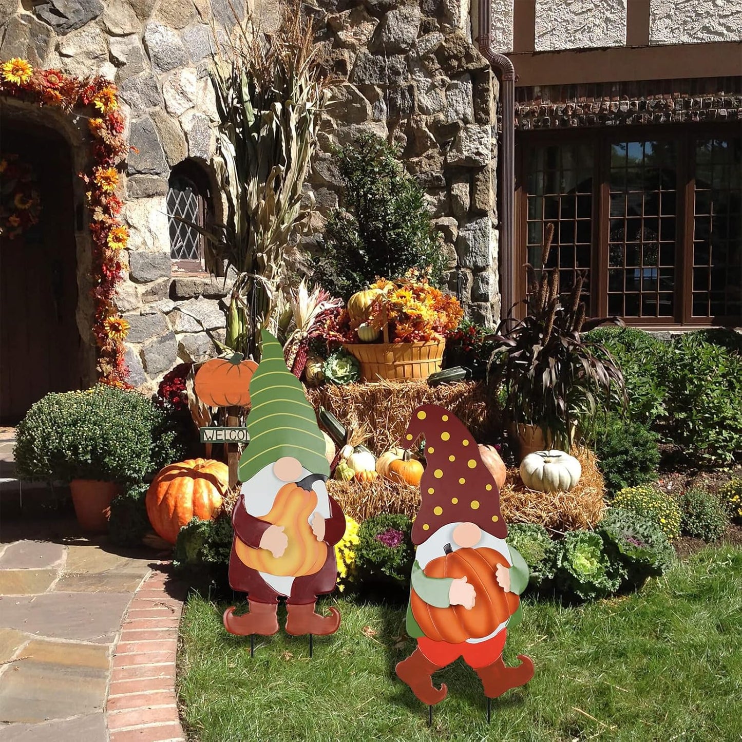 YEAHOME Fall Decorations for Home Outdoor, 2 Pack 25" Decorative Garden Stakes with Gnomes Pumpkin