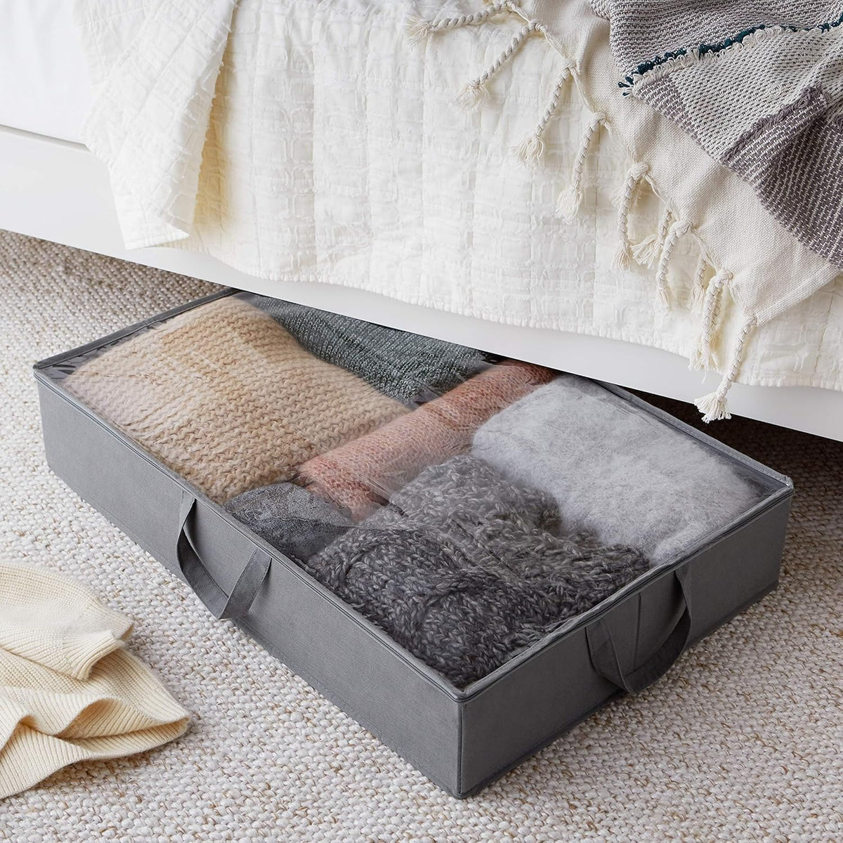 Amazon Basics Under Bed Fabric Zipper Blanket Storage Container Bags with Window and Handles