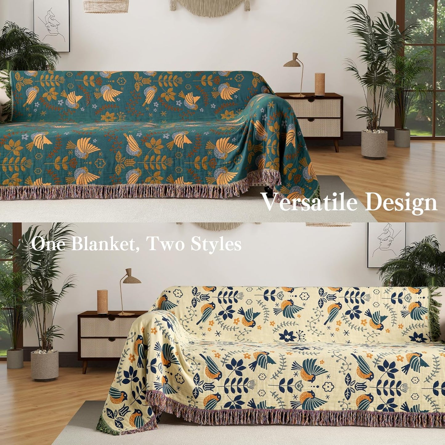 Boho Throw Blanket Full Size, Extra Large Soft Cozy Cotton Muslin Quilt Blanket for Bed Decor, Bird