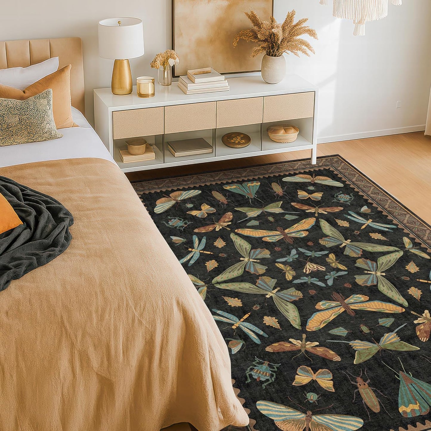 Insect Print Washable 4x6 Entryway Rug - Non-Slip Low Pile Area Rug for Large Kitchen, Bedroom