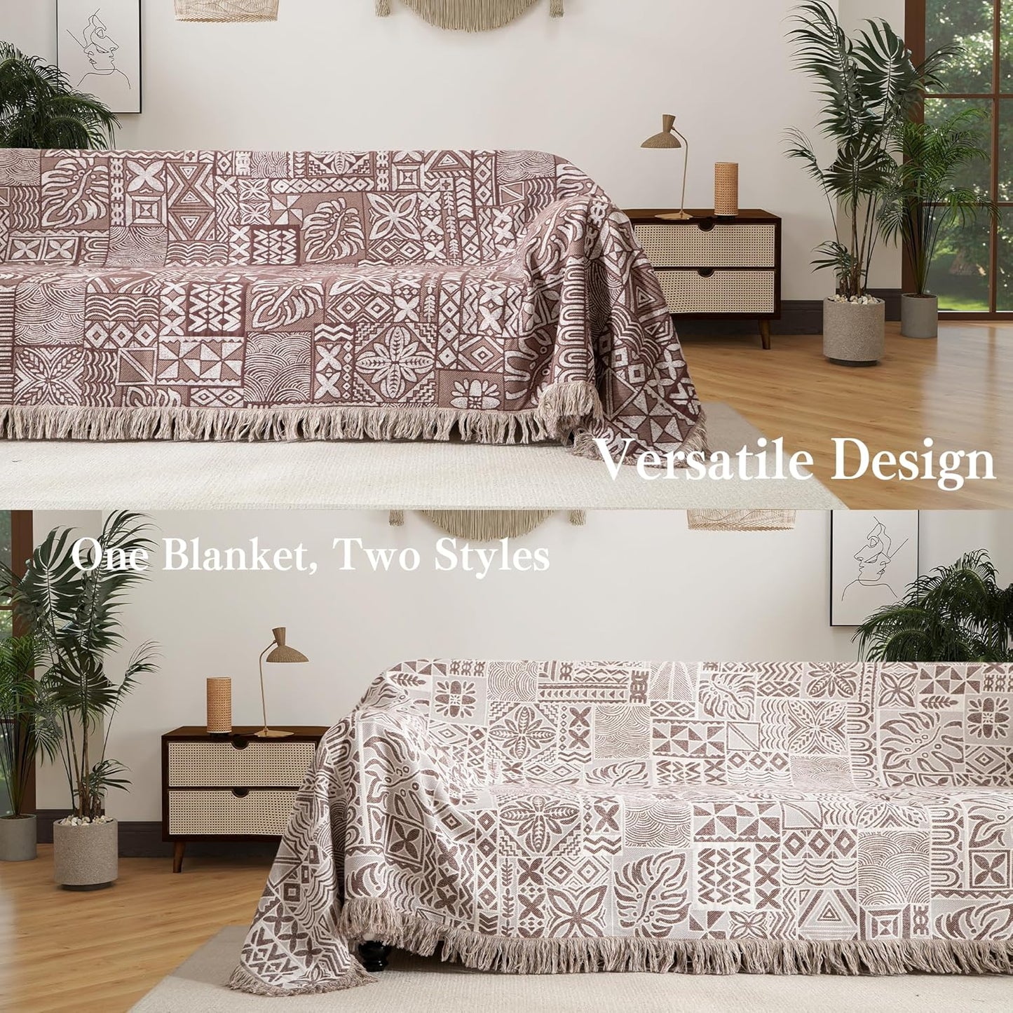 Boho Throw Blanket Full Size, Extra Large Soft Cozy Cotton Muslin Quilt Blanket for Bed Decor
