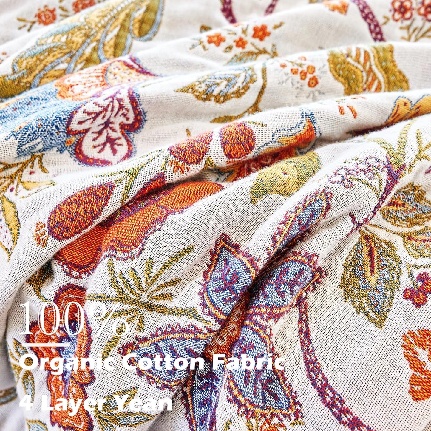 Boho Throw Blanket, 100% Organic Cotton Breathable Ultra Soft Bed Quilt Throw - All Season Floral