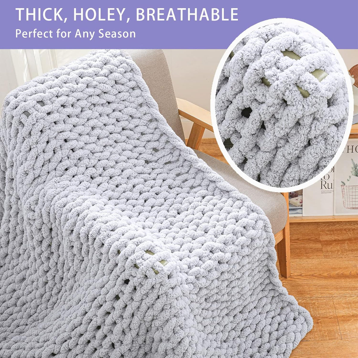 Bigacogo Chunky Knit Throw Blanket for Couch, 51x63 inches, 100% Hand Knitted with Thick Jumbo